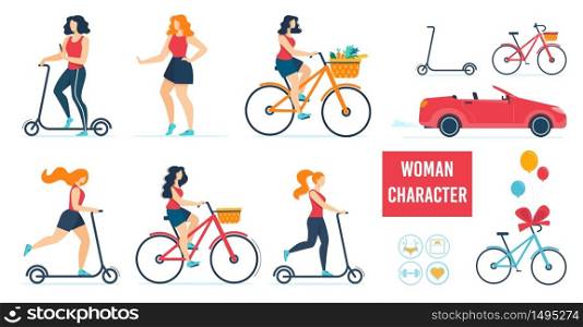 Cartoon Woman Character in Casual Clothes Using Different Transport Flat Set. Female Person Riding Bicycle, Scooter. Girl Walking by Foot. Car and Eco-Friendly Vehicle. Vector Illustration. Woman Character Using Different Transport Set