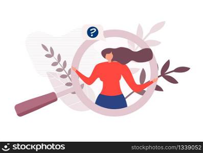 Cartoon Woman Character in Huge Magnifying Glass Has Question. Lady Searching Information Standing in Big Loupe over Foliage. Digital Data Research on Computer. Vector Flat Illustration. Cartoon Woman in Magnifying Glass Has Question
