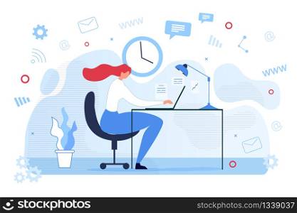 Cartoon Woman Character Work Interacting with Communication Technologies. Female Freelancer Using Laptop for Conversation and Chatting Social Network. Vector Workspace Interior Illustration. Woman Work Interacting with Communication Tech