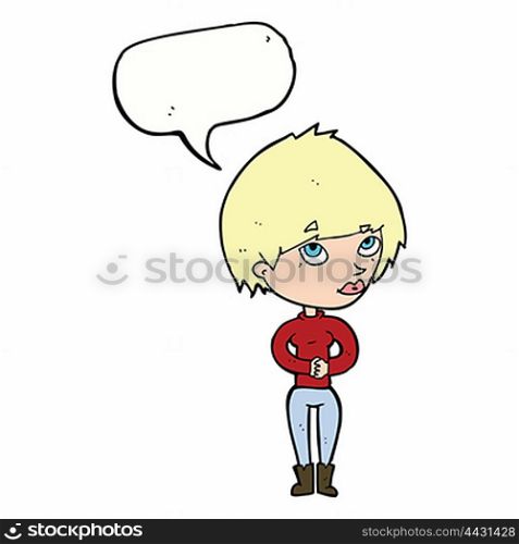cartoon woman considering with speech bubble