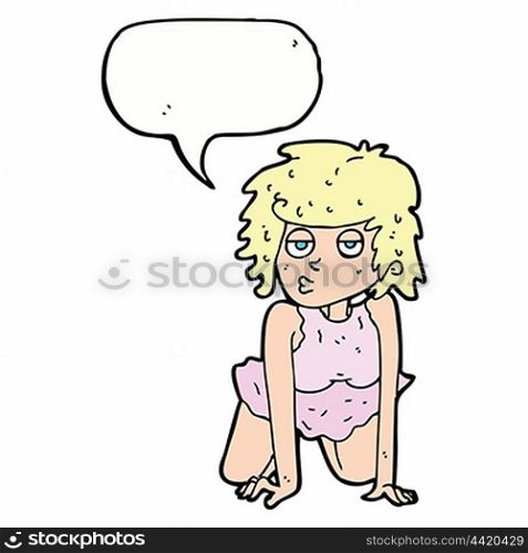 cartoon woman doing pin-up pose with speech bubble
