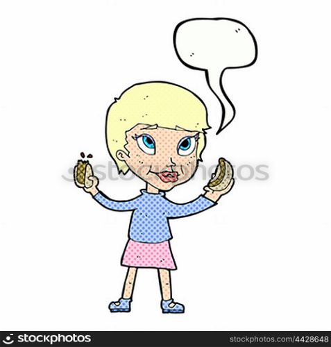 cartoon woman eating hotdogs with speech bubble