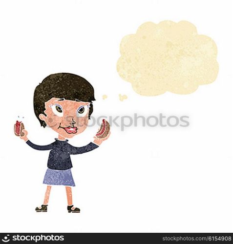 cartoon woman eating hotdogs with thought bubble