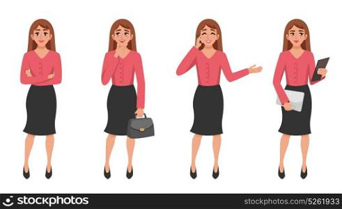 Cartoon Woman Gesture Set. Cartoon woman character in various poses business lady images set with arms folded across her chest vector illustration