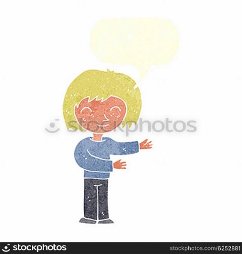 cartoon woman gestureing welcome with speech bubble