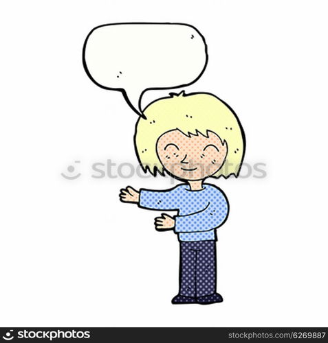 cartoon woman gestureing welcome with speech bubble