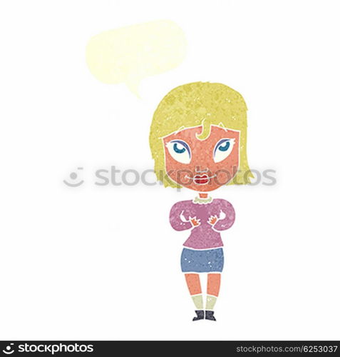 cartoon woman gesturing at self with speech bubble