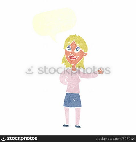 cartoon woman gesturing to show something with speech bubble