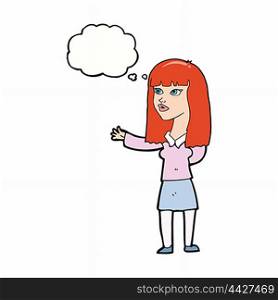 cartoon woman gesturing to show something with thought bubble