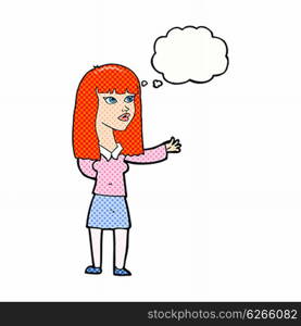 cartoon woman gesturing to show something with thought bubble