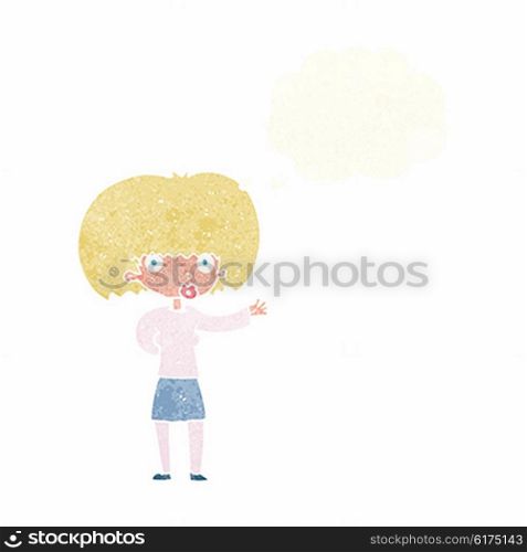 cartoon woman gesturing with thought bubble