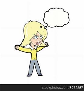 cartoon woman gesturing with thought bubble