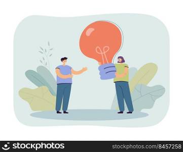 Cartoon woman giving giant lightbulb to man. Female character helping male with ideas flat vector illustration. Teamwork, inspiration, startup concept for banner, website design or landing web page