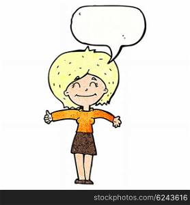 cartoon woman giving thumbs up sign with speech bubble