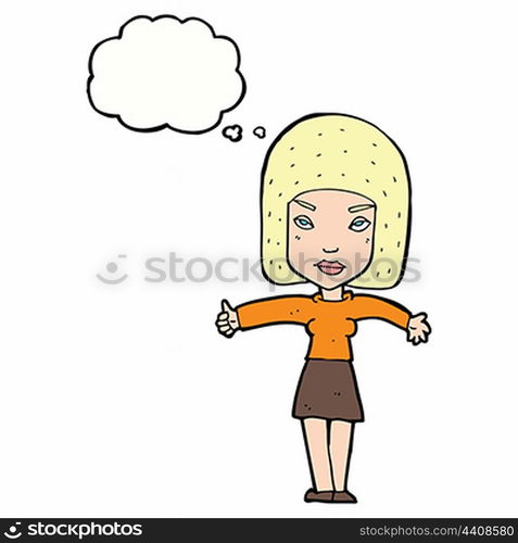 cartoon woman giving thumbs up symbol with thought bubble