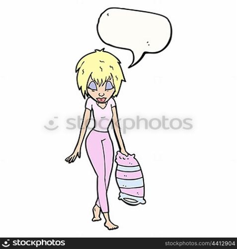 cartoon woman going to bed with speech bubble