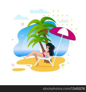 Cartoon Woman Having Rest Along under Palms on Sunny Beach. Girl Sitting with Gadget and Drink under Umbrella. Happy Summer Vacation and Recreation on Tropical Island. Isolated Vector Illustration. Woman Having Rest Along under Palms on Sunny Beach
