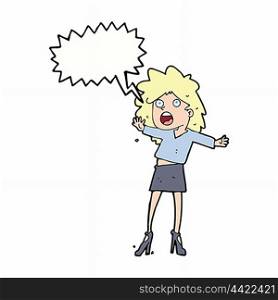cartoon woman having trouble walking in heels with speech bubble