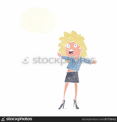 cartoon woman having trouble walking in heels with thought bubble
