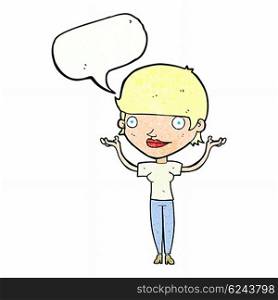 cartoon woman holding arms in air with speech bubble