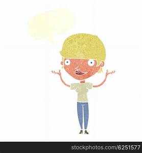 cartoon woman holding arms in air with speech bubble