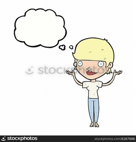 cartoon woman holding arms in air with thought bubble