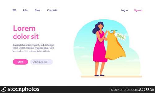 Cartoon woman holding dress for sale. Clothes, discount, store flat vector illustration. Shopping and retail concept for banner, website design or landing web page