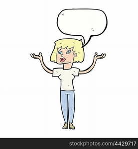 cartoon woman holding up hands with speech bubble