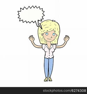 cartoon woman holding up hands with speech bubble