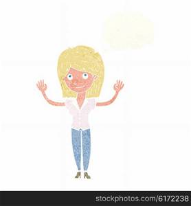 cartoon woman holding up hands with thought bubble