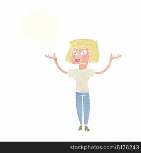 cartoon woman holding up hands with thought bubble