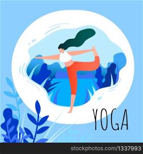 Cartoon Woman in Asana Position. Yoga Exercise Practice Outdoors Vector Illustration. Summer Nature Water Harmony. Body Care Balance. Healthy Lifestyle. Relaxation Stretch Recharge Energy. Cartoon Woman in Asana Position Yoga Exercise