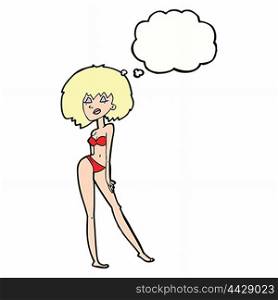 cartoon woman in bikini with thought bubble