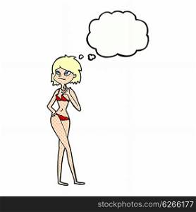 cartoon woman in bikini with thought bubble