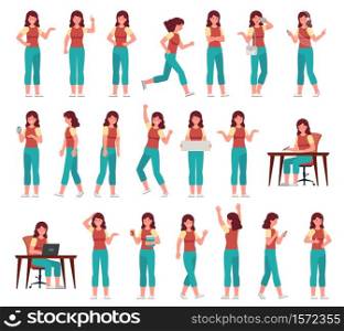 Cartoon woman in casual outfit. Young female character in different poses. Student with various gestures, face expression vector set. Studying with laptop, talking on smartphone, holding textbooks. Cartoon woman in casual outfit. Young female character in different poses. Student with various gestures, face expression vector set
