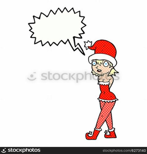 cartoon woman in christmas elf costume with speech bubble
