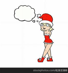 cartoon woman in christmas elf costume with thought bubble