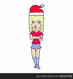cartoon woman in christmas hat with folded arms
