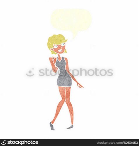 cartoon woman in cocktail dress with speech bubble