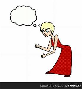 cartoon woman in dress gesturing with thought bubble