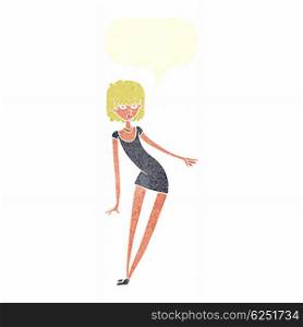 cartoon woman in dress leaning with speech bubble