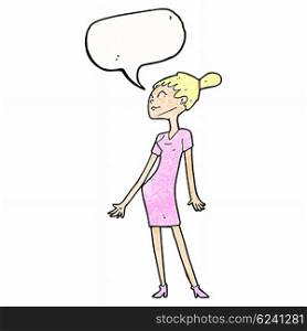 cartoon woman in dress with speech bubble