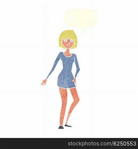 cartoon woman in dress with speech bubble