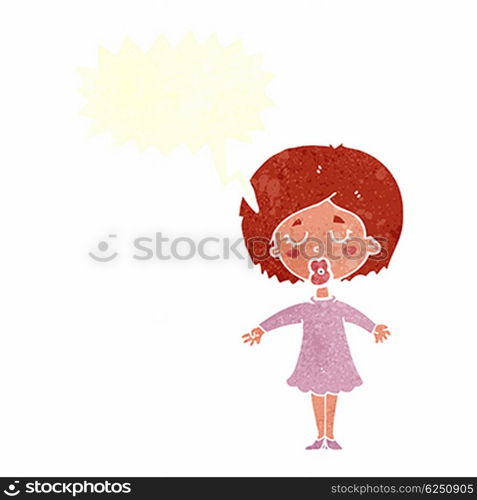 cartoon woman in dress with speech bubble