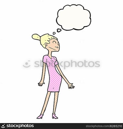 cartoon woman in dress with thought bubble