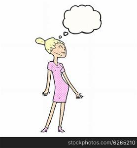 cartoon woman in dress with thought bubble