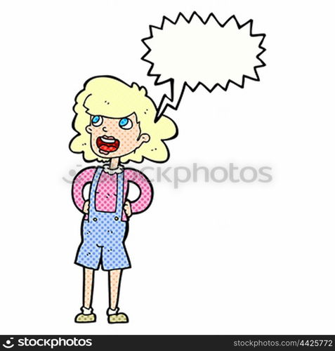 cartoon woman in dungarees with speech bubble