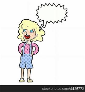 cartoon woman in dungarees with speech bubble