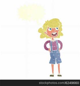 cartoon woman in dungarees with speech bubble