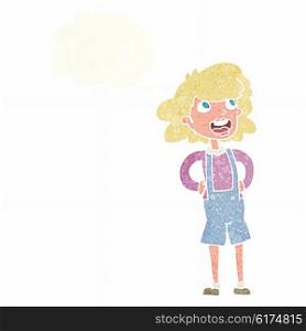cartoon woman in dungarees with thought bubble